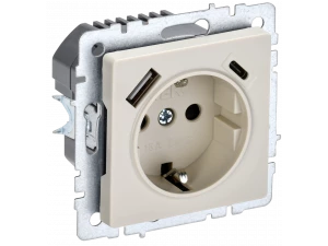 BRITE Розетка 1-местная с заземлением с защитными шторками 16А с USB A+C 18Вт РЮш11-1-БрКр бежев ИЭК
