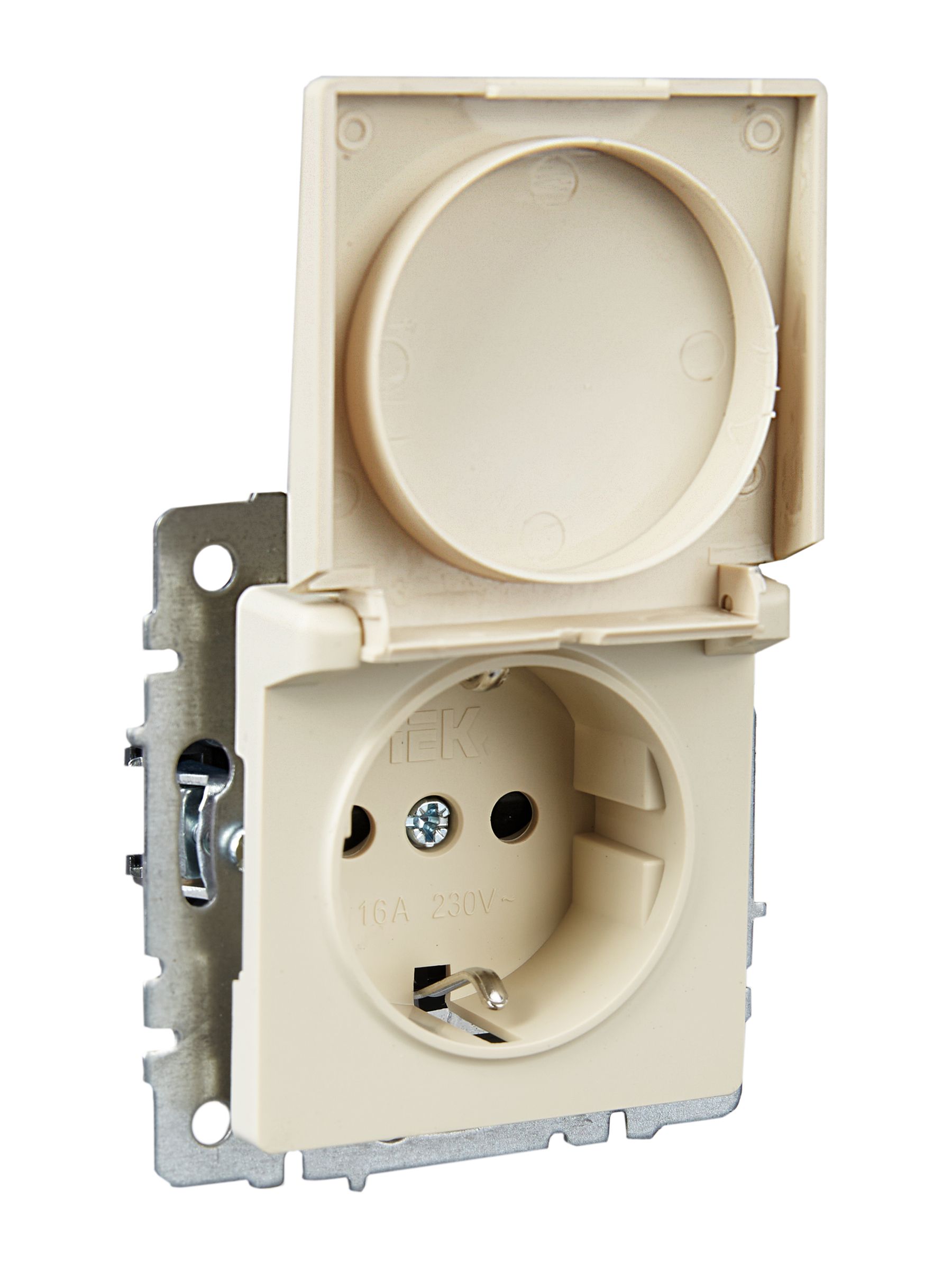 BRITE Розетка 1-местная с заземлением с защитными шторками и крышкой 16А IP20 РСбш10-3-БрКр бежевый ИЭК