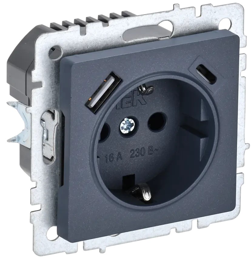 BRITE Розетка 1-местная с заземлением с защитными шторками 16А с USB A+C 18Вт РЮш11-1-БрМ маренго ИЭК