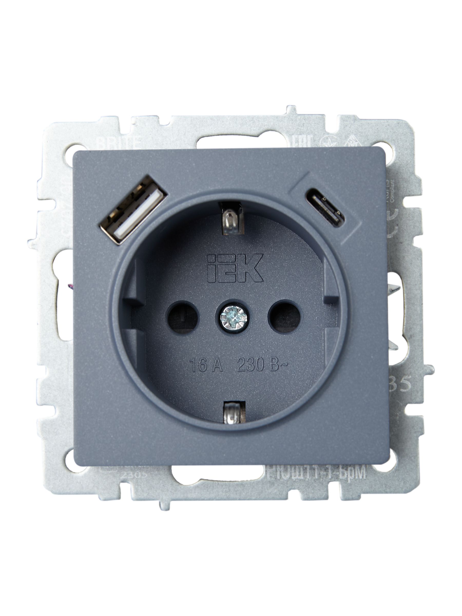BRITE Розетка 1-местная с заземлением с защитными шторками 16А с USB A+C 18Вт РЮш11-1-БрМ маренго ИЭК