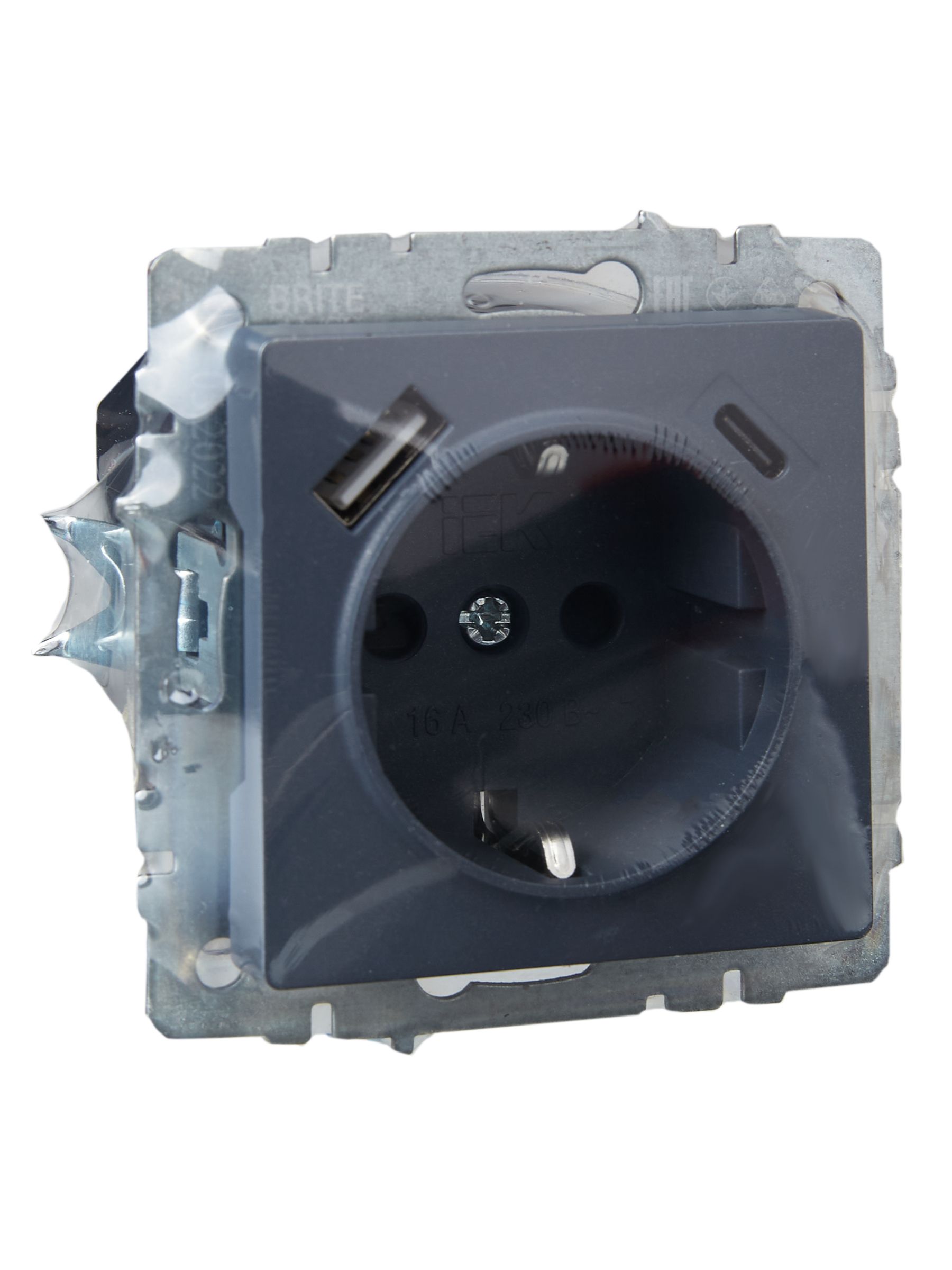 BRITE Розетка 1-местная с заземлением с защитными шторками 16А с USB A+C 18Вт РЮш11-1-БрМ маренго ИЭК