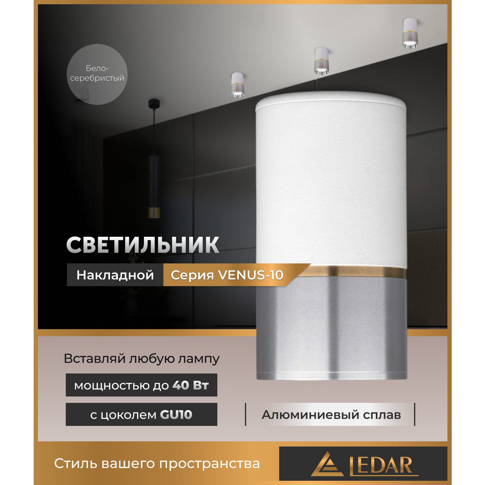 Светильник VENUS-10 накладной акцентный, бело-серебристый, GU10 LEDAR