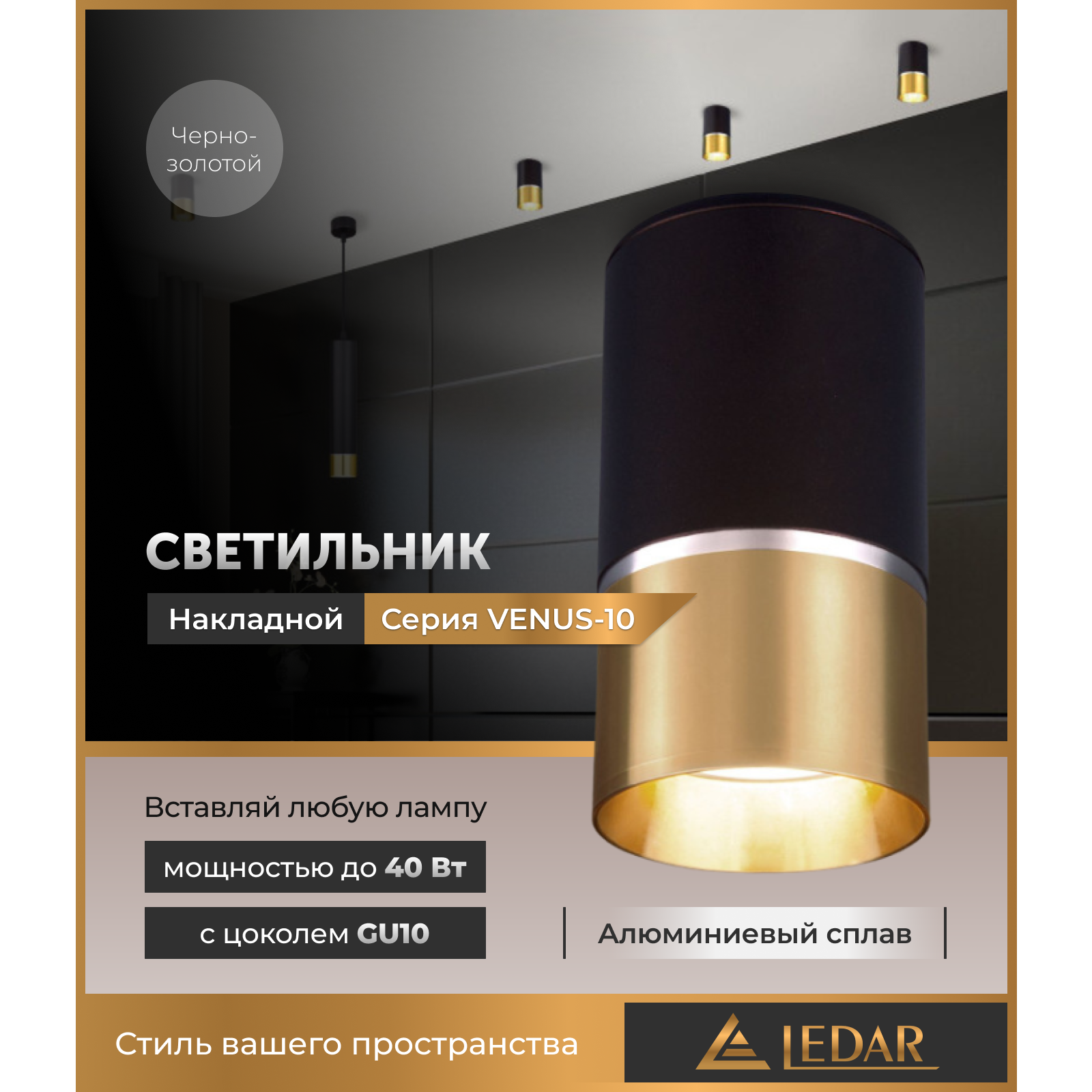 Светильник VENUS-10 накладной акцентный, черно-золотой, GU10 LEDAR