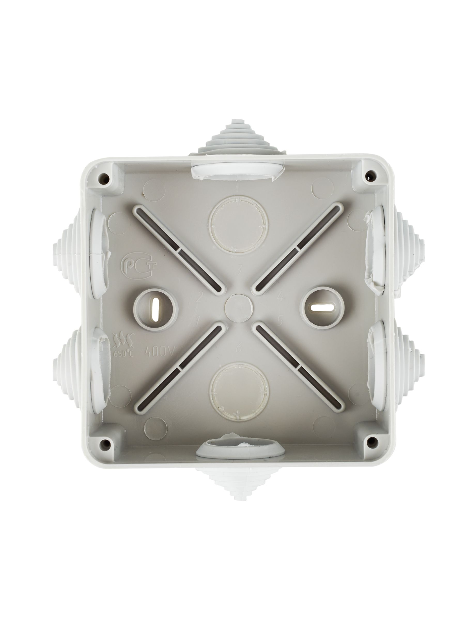 Коробка КМ41233 распаячная для открытой проводки 100х100х50 мм IP44 (RAL7035, 6 гермовводов) ИЭК