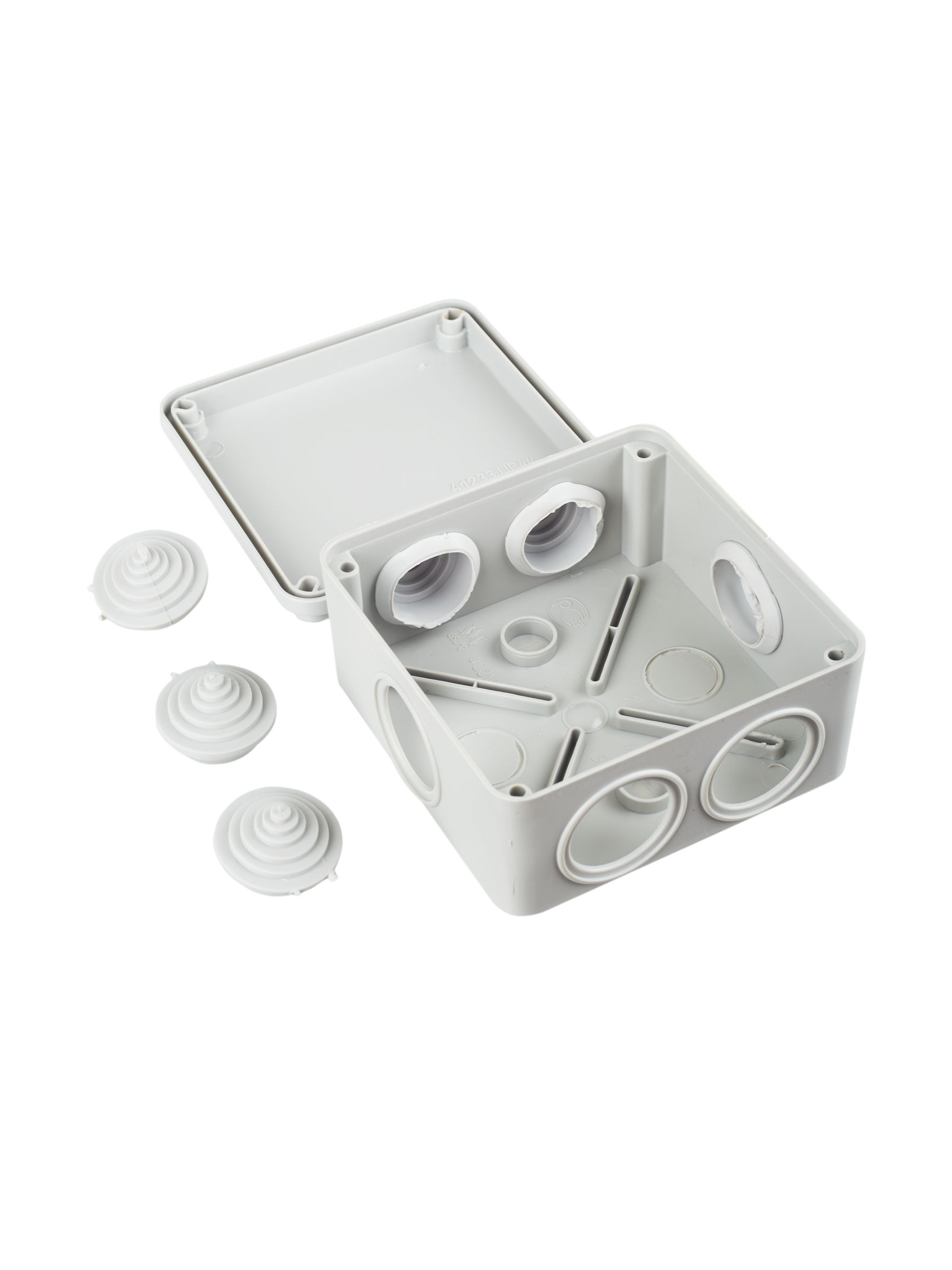 Коробка КМ41233 распаячная для открытой проводки 100х100х50 мм IP44 (RAL7035, 6 гермовводов) ИЭК