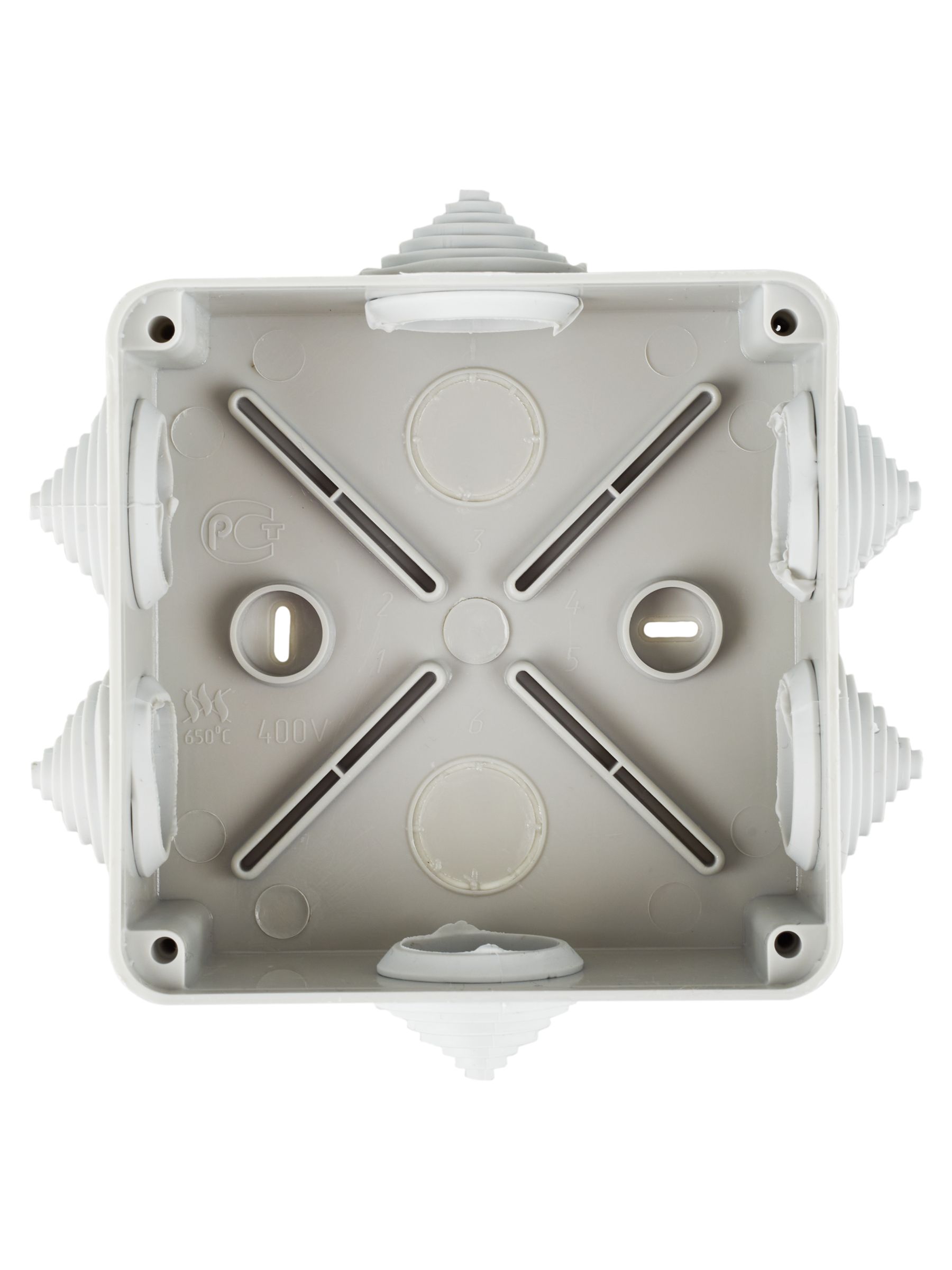 Коробка КМ41234 распаячная для о/п 100х100х50 мм IP55 (RAL7035, 6 гермовводов) ИЭК