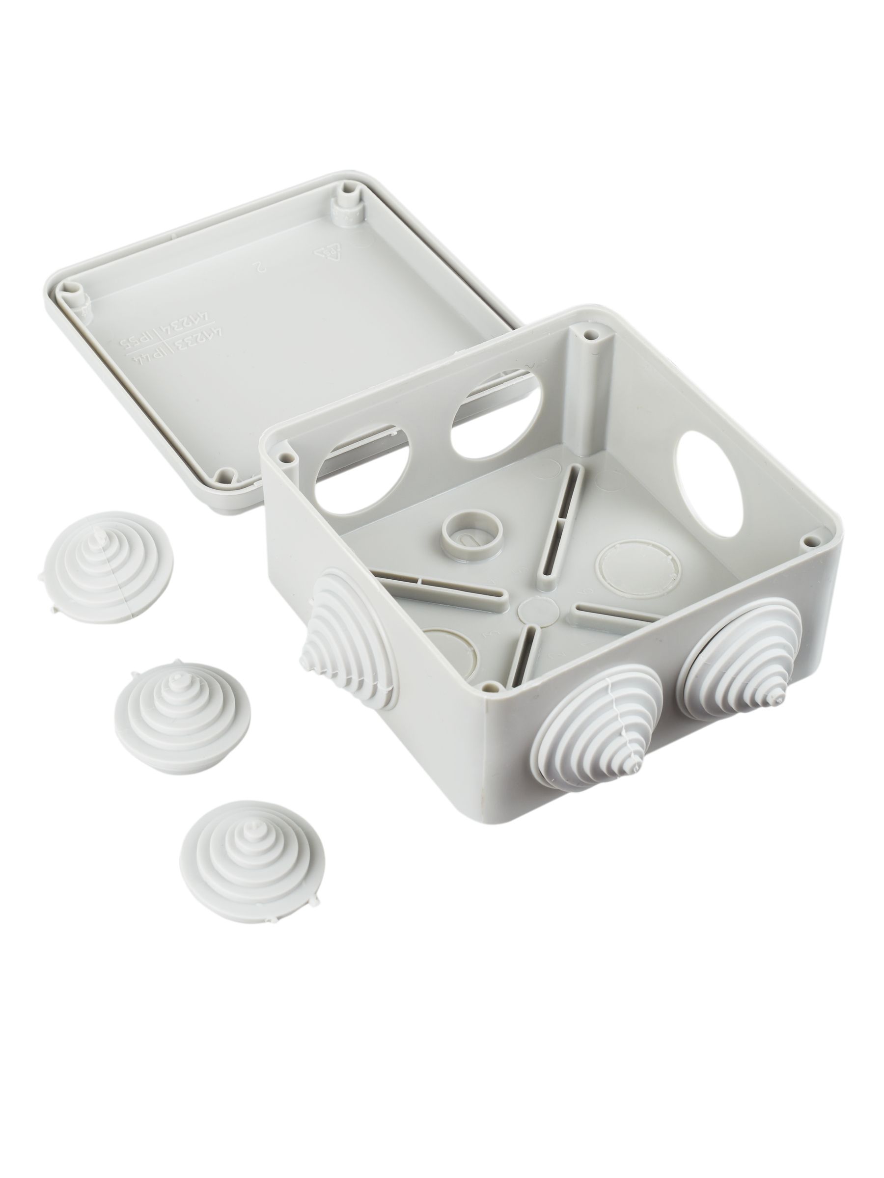 Коробка КМ41234 распаячная для о/п 100х100х50 мм IP55 (RAL7035, 6 гермовводов) ИЭК