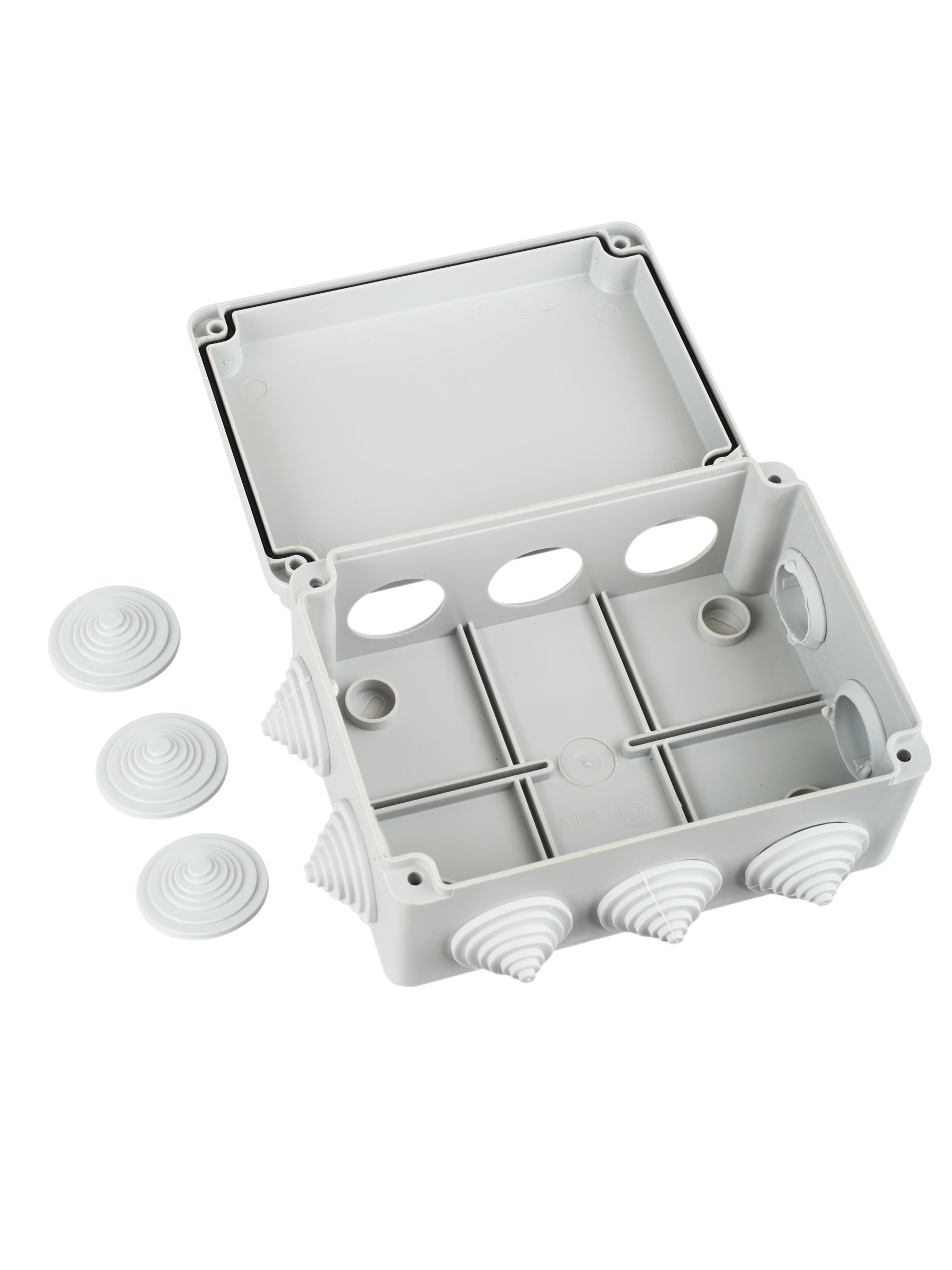 Коробка КМ41242 распаячная для открытой проводки 150х110х70 мм IP55 (RAL7035, 10 гермовводов) ИЭК