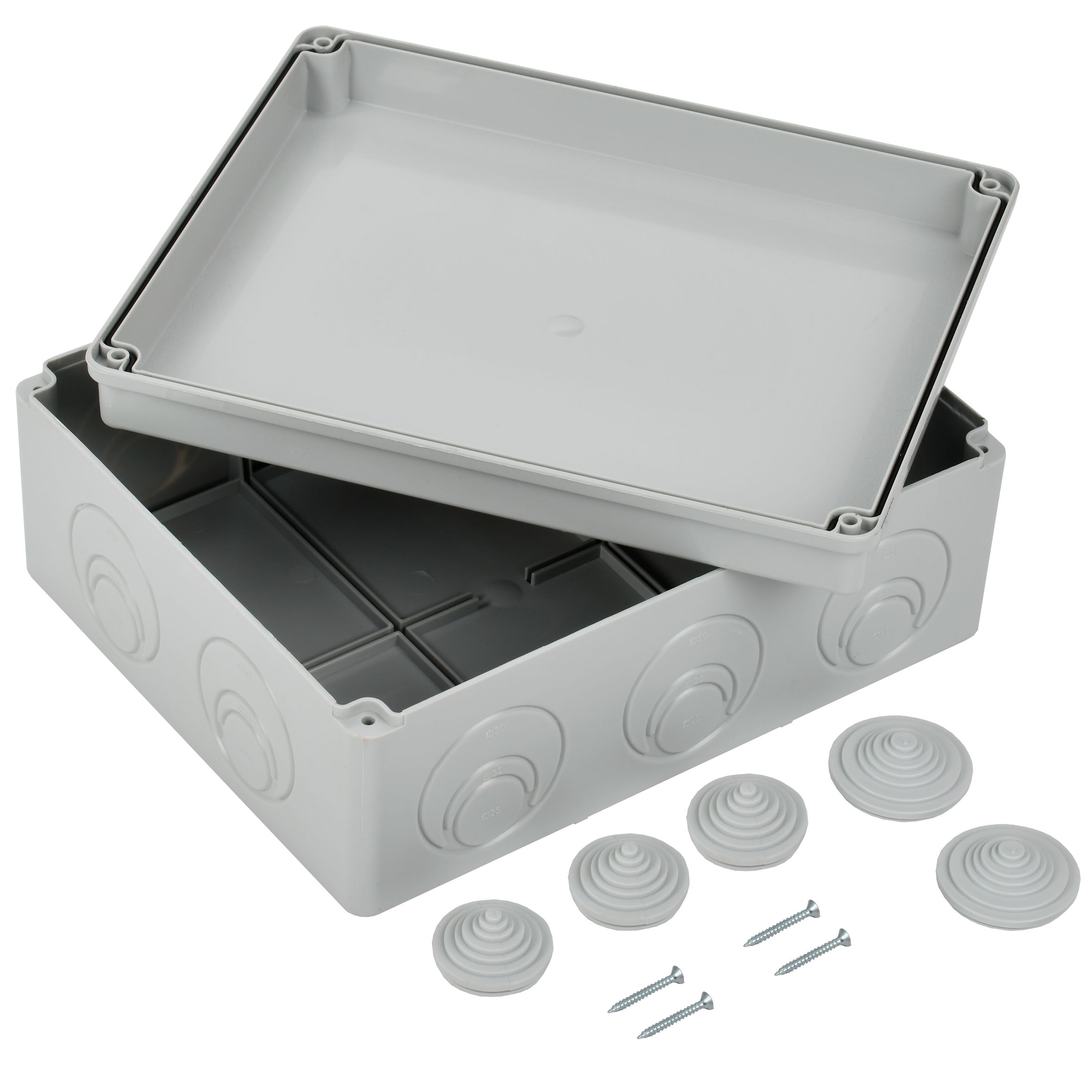 Коробка КМ41272 распаячная для открытой проводки 240х195х90 мм IP55 (RAL7035, кабельные вводы 5 шт) ИЭК