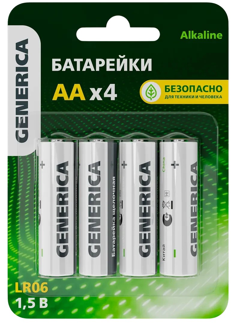 Батарейка щелочная Alkaline LR06/AA (4шт/блистер) GENERICA ИЭК