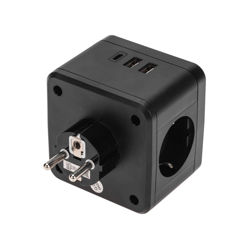 Двойник электрический Куб 16А с заземлением + 2хUSB-A 2,4А + USB Type-C 3А с ночной подсветкой, черный REXANT