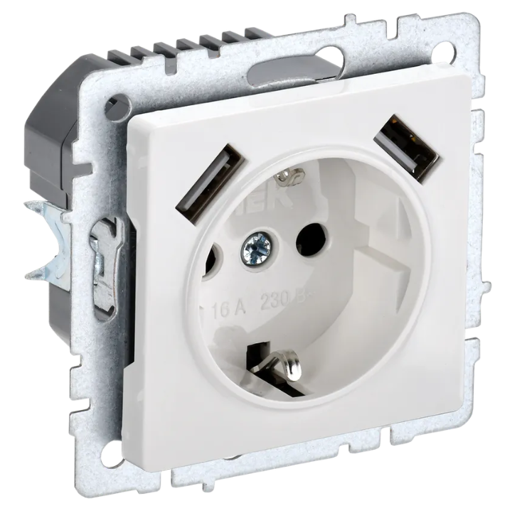 BRITE Розетка 1-местная с заземлением со шторками 16А с USB A+A 5В 3,1А РЮш10-2-БрБ белый ИЭК