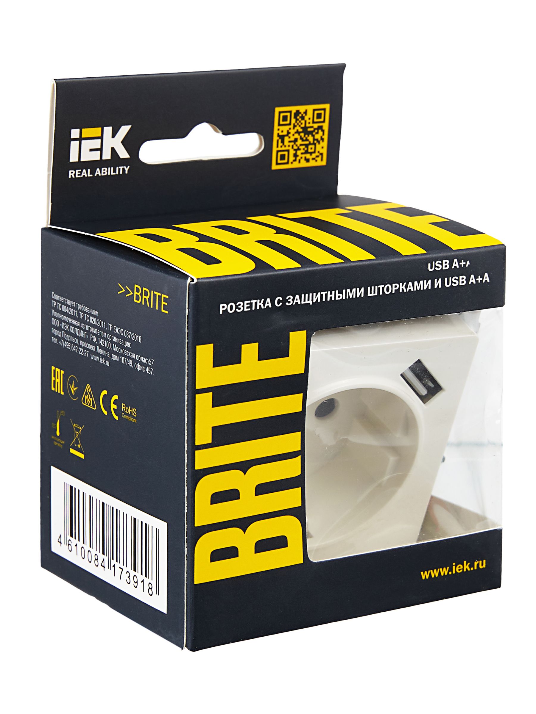 BRITE Розетка 1-местная с заземлением со шторками 16А с USB A+A 5В 3,1А РЮш10-2-БрБ белый ИЭК