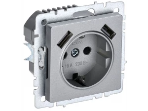 BRITE Розетка 1-местная с заземлением со шторками 16А с USB A+A 5В 2,1А РЮш10-1-БрА алюминий ИЭК