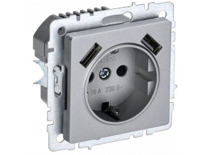 BRITE Розетка 1-местная с заземлением со шторками 16А с USB A+A 5В 2,1А РЮш10-1-БрА алюминий ИЭК