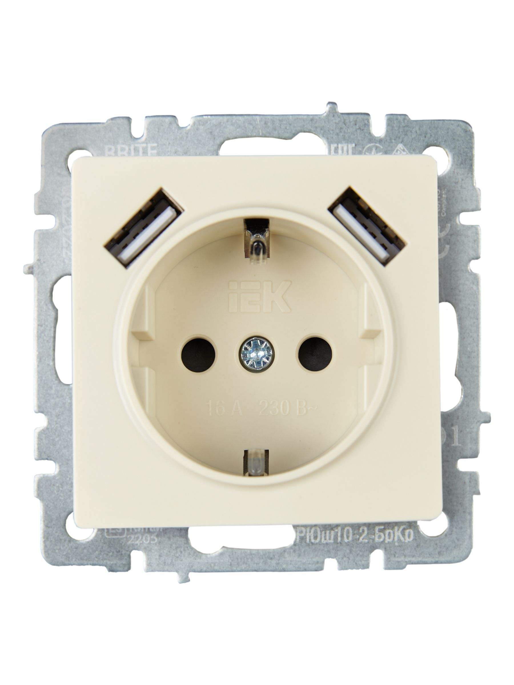 BRITE Розетка 1-местная с заземлением со шторками 16А с USB A+A 5В 3,1А РЮш10-2-БрКр бежевый ИЭК