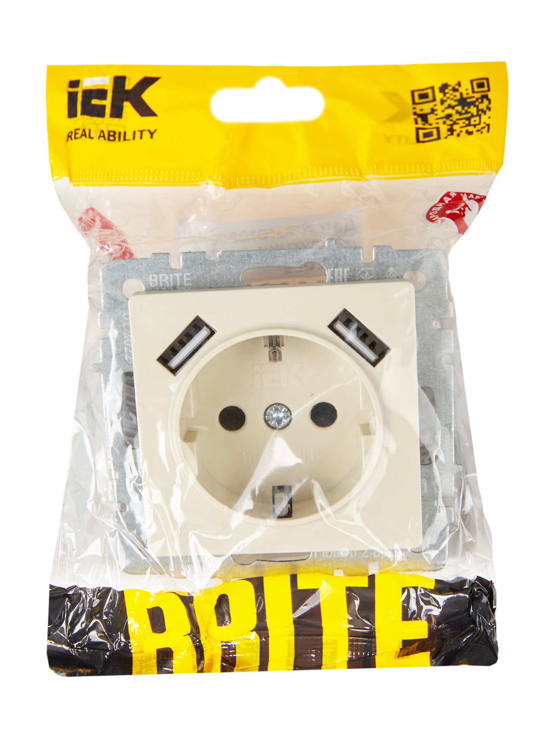 BRITE Розетка 1-местная с заземлением со шторками 16А с USB A+A 5В 3,1А РЮш10-2-БрКр бежевый ИЭК