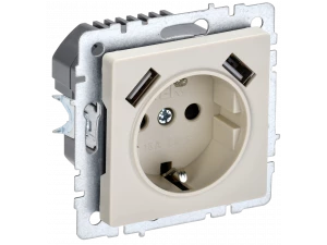 BRITE Розетка 1-местная с заземлением со шторками 16А с USB A+A 5В 3,1А РЮш10-2-БрКр бежевый ИЭК