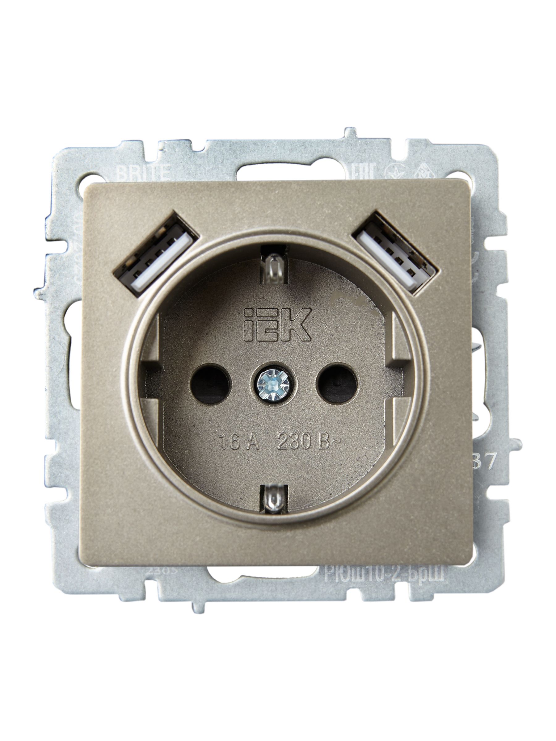 BRITE Розетка 1-местная с заземлением со шторками 16А с USB A+A 5В 3,1А РЮш10-2-БрШ шампань ИЭК