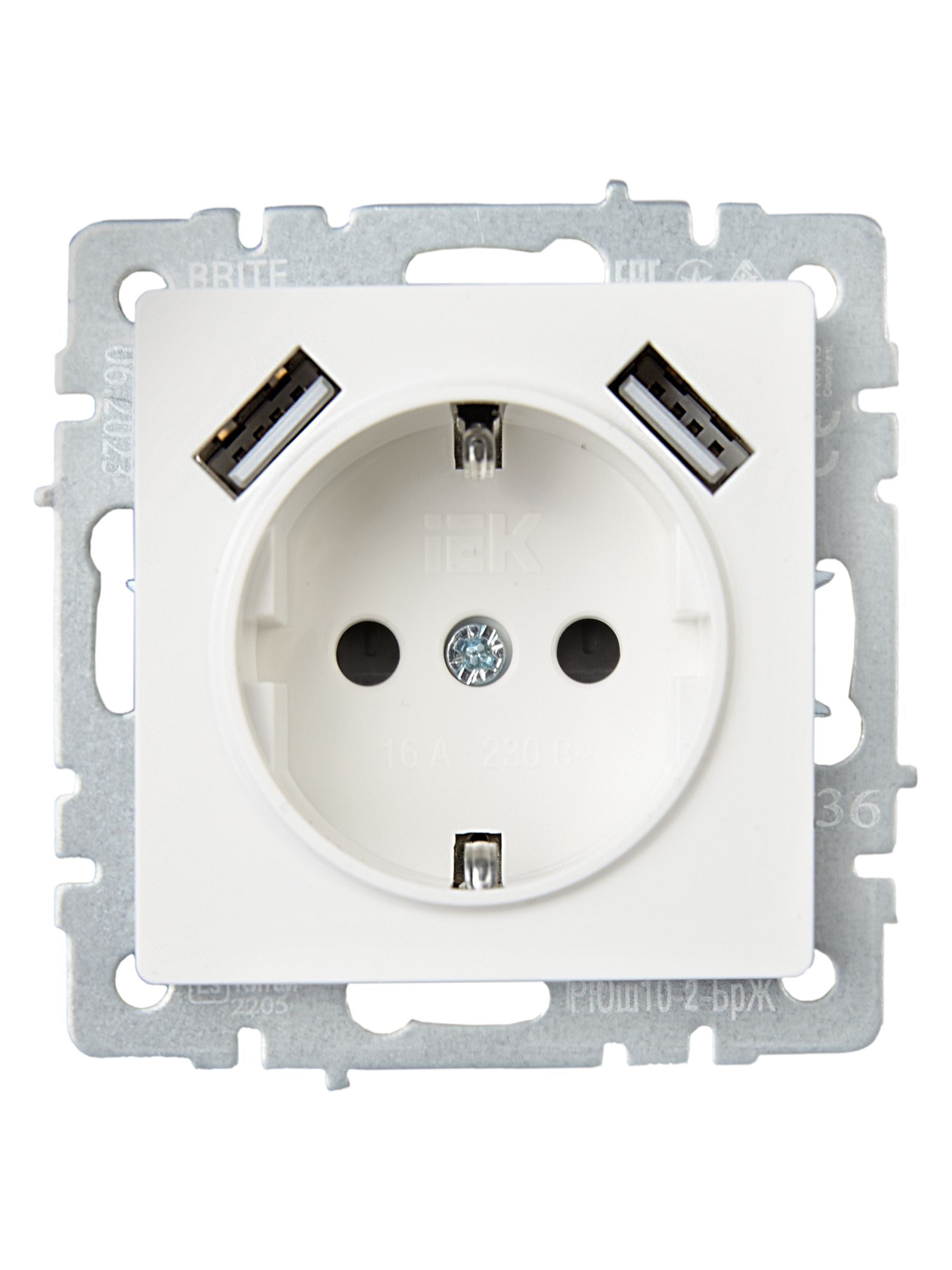BRITE Розетка 1-местная с заземлением со шторками 16А с USB A+A 5В 3,1А РЮш10-2-БрЖ жемчуг ИЭК