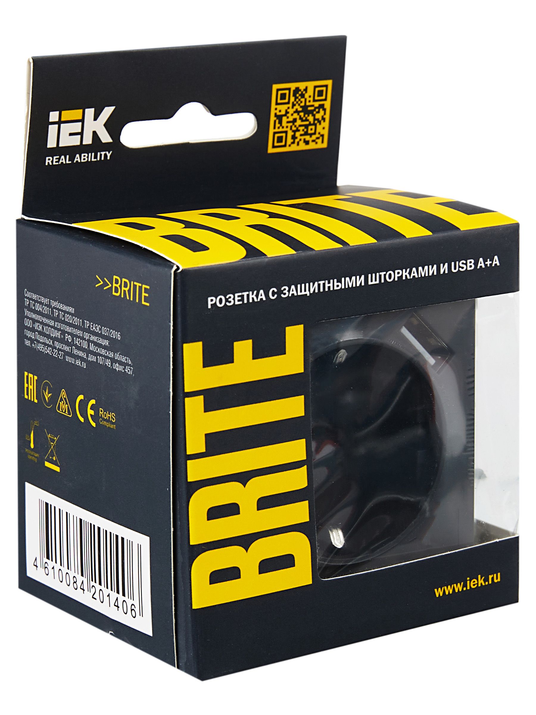 BRITE Розетка 1-местная с заземлением со шторками 16А с USB A+A 5В 3,1А РЮш10-2-БрГ графит ИЭК