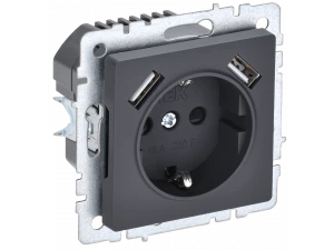 BRITE Розетка 1-местная с заземлением со шторками 16А с USB A+A 5В 3,1А РЮш10-2-БрГ графит ИЭК