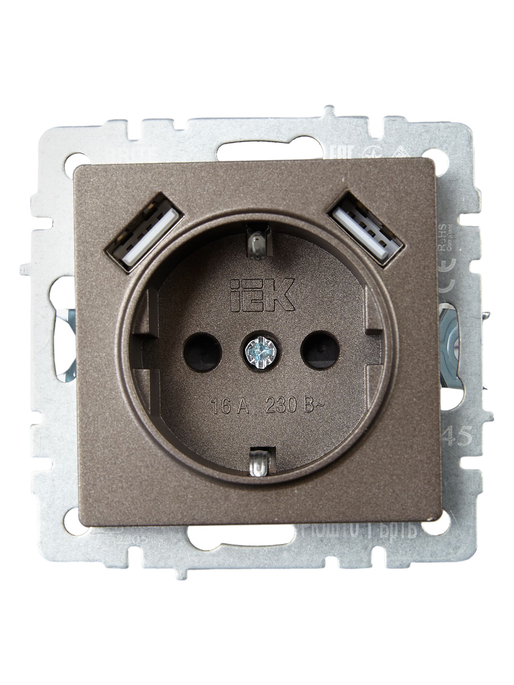 BRITE Розетка 1местная с заземлением со шторками 16А USB A+A 5В 2,1А РЮш10-1-БрТБ темная бронза ИЭК