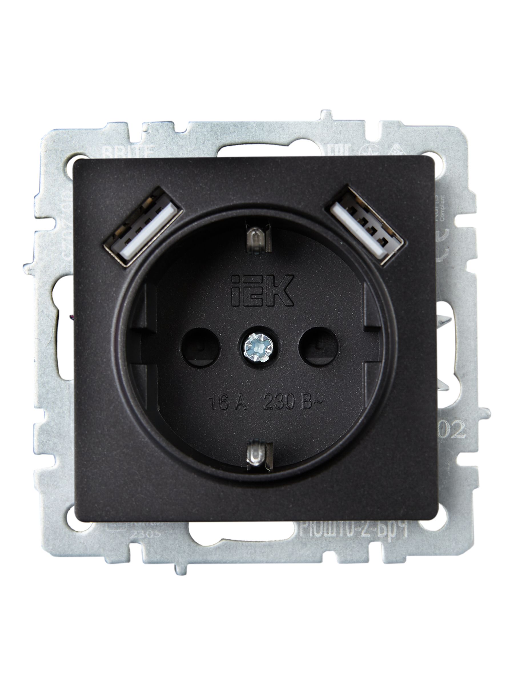 BRITE Розетка 1-местная с заземлением со шторками 16А с USB A+A 5В 3,1А РЮш10-2-БрЧ черный ИЭК