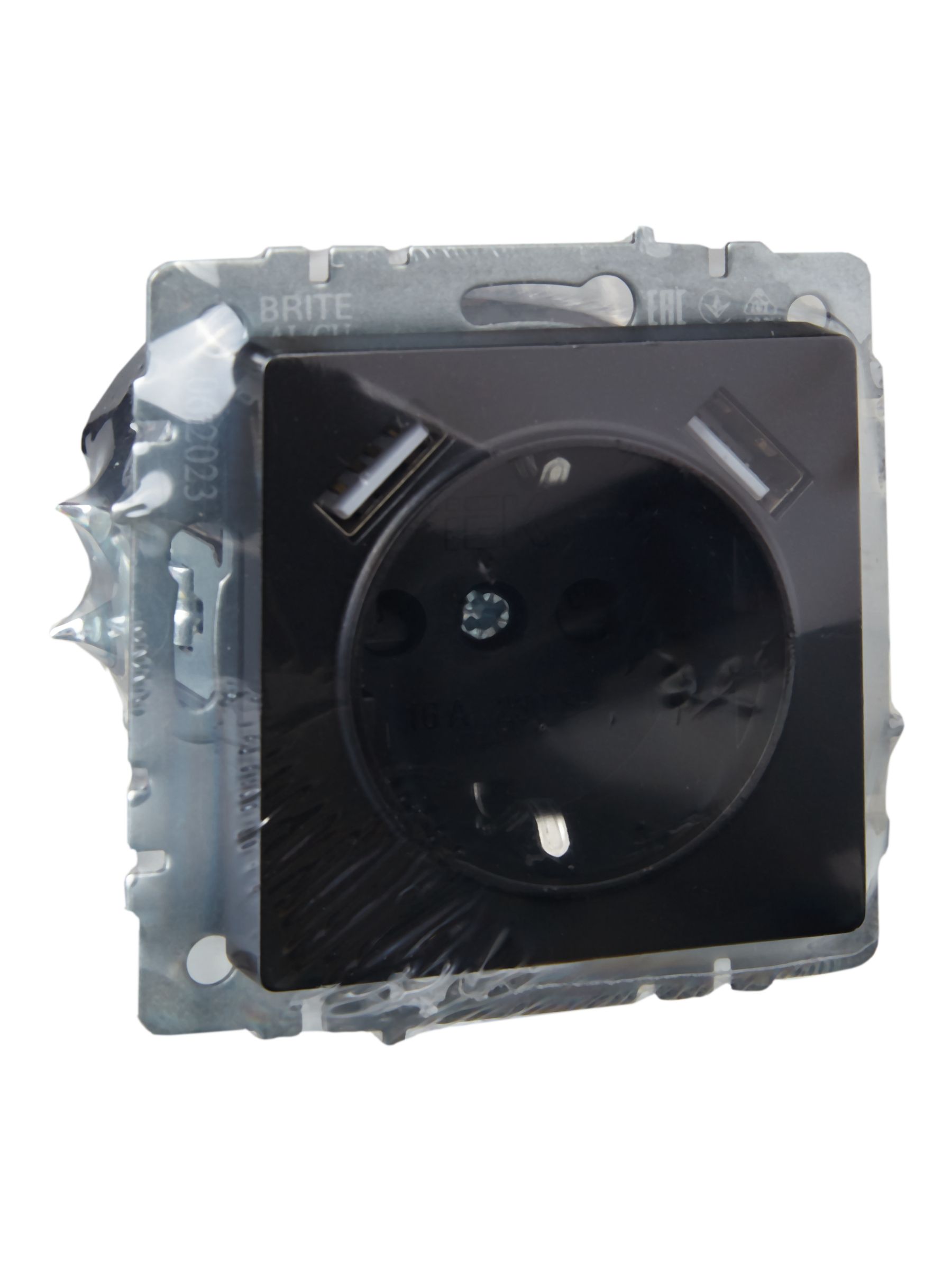 BRITE Розетка 1-местная с заземлением со шторками 16А с USB A+A 5В 3,1А РЮш10-2-БрЧ черный ИЭК