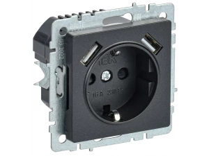 BRITE Розетка 1-местная с заземлением со шторками 16А с USB A+A 5В 3,1А РЮш10-2-БрЧ черный ИЭК