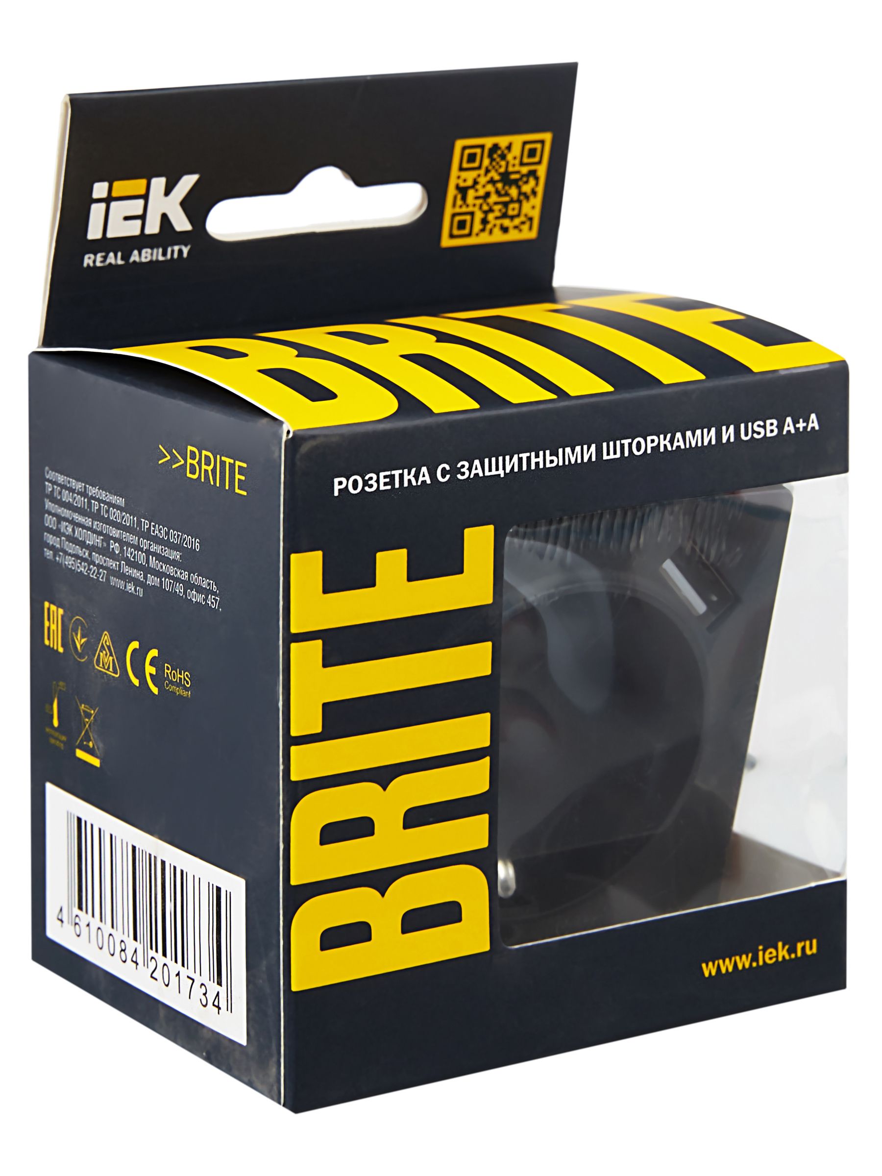 BRITE Розетка 1-местная с заземлением со шторками 16А с USB A+A 5В 2,1А РЮш10-1-БрГ графит ИЭК
