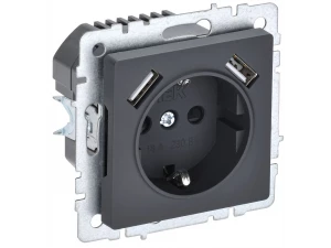 BRITE Розетка 1-местная с заземлением со шторками 16А с USB A+A 5В 2,1А РЮш10-1-БрГ графит ИЭК