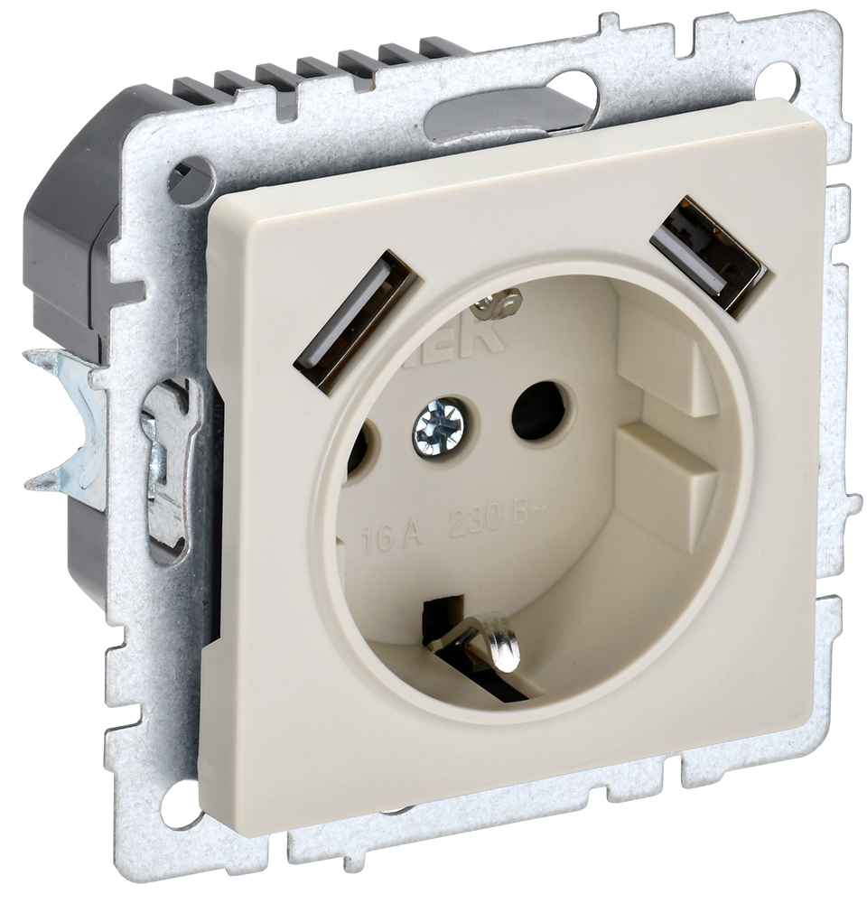 BRITE Розетка 1-местная с заземлением со шторками 16А с USB A+A 5В 2,1А РЮш10-1-БрКр бежевый ИЭК
