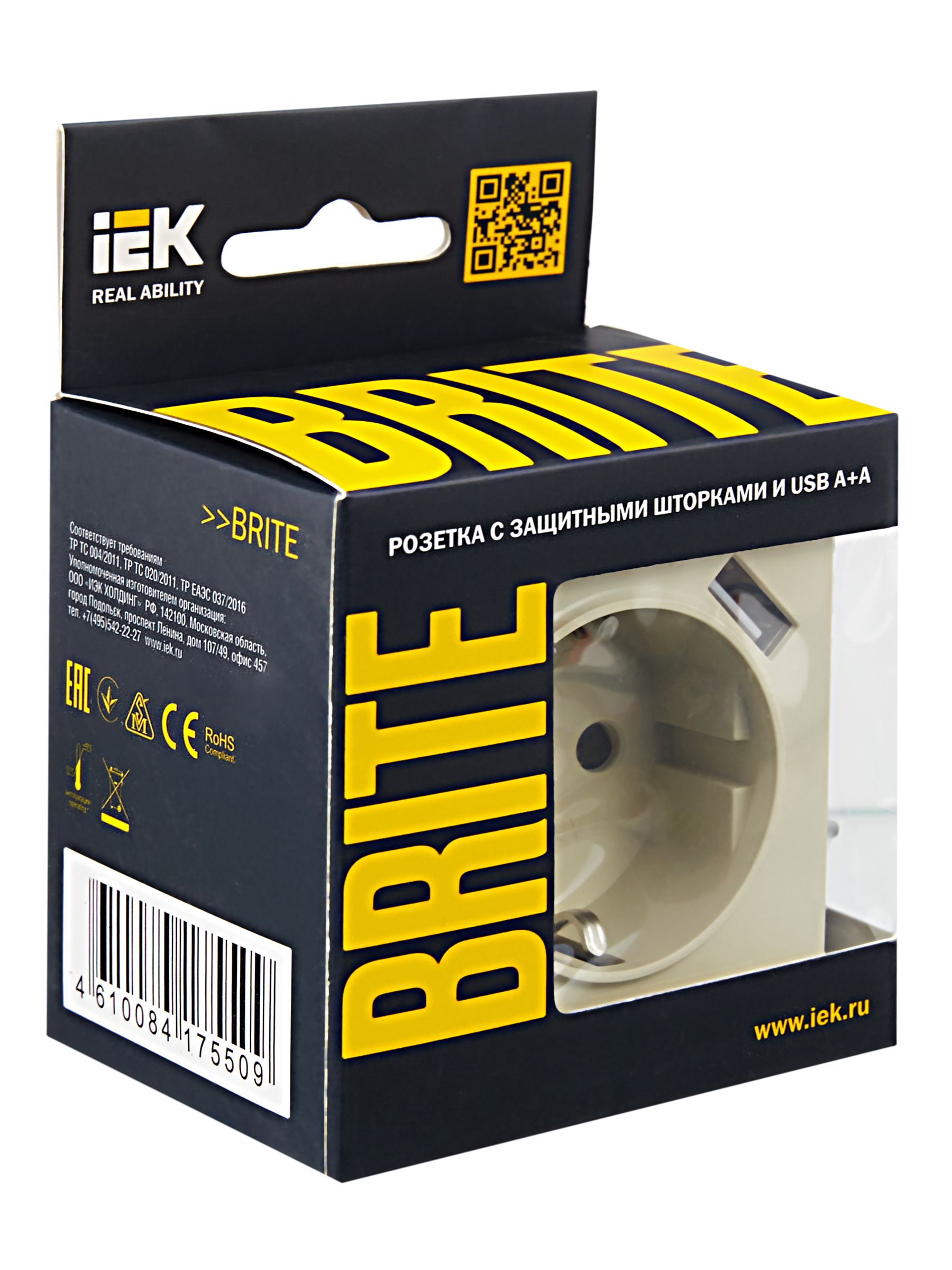BRITE Розетка 1-местная с заземлением со шторками 16А с USB A+A 5В 2,1А РЮш10-1-БрКр бежевый ИЭК