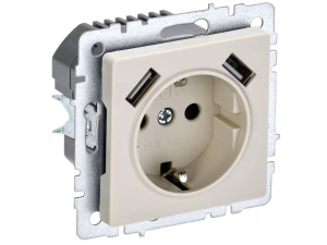 BRITE Розетка 1-местная с заземлением со шторками 16А с USB A+A 5В 2,1А РЮш10-1-БрКр бежевый ИЭК