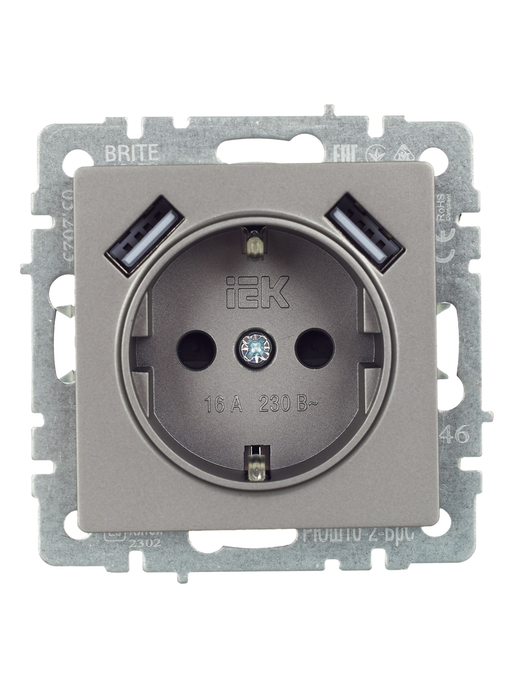 BRITE Розетка 1-местная с заземлением со шторками 16А с USB A+A 5В 3,1А РЮш10-2-БрС сталь ИЭК
