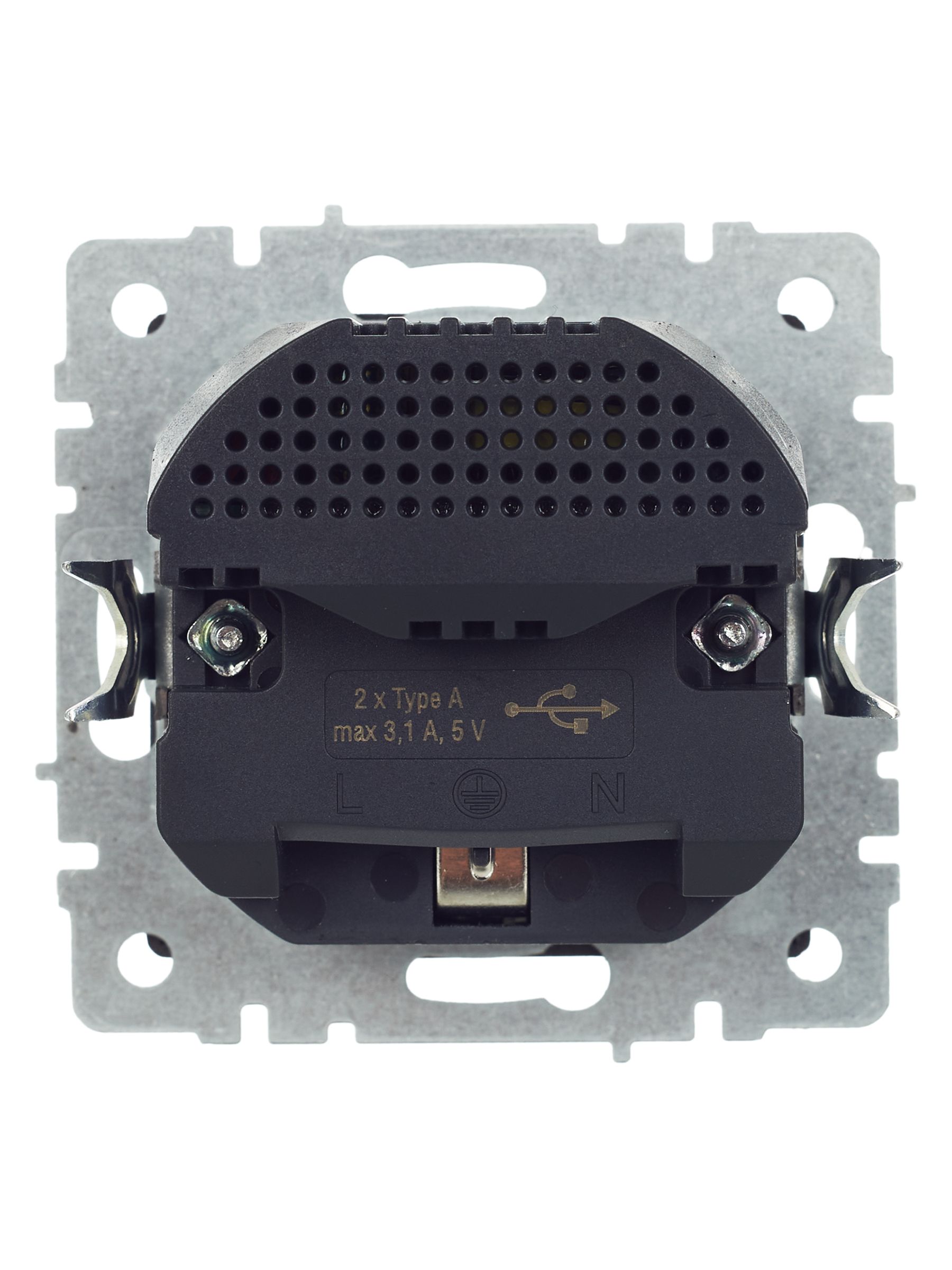 BRITE Розетка 1-местная с заземлением со шторками 16А с USB A+A 5В 3,1А РЮш10-2-БрС сталь ИЭК