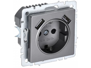 BRITE Розетка 1-местная с заземлением со шторками 16А с USB A+A 5В 3,1А РЮш10-2-БрС сталь ИЭК