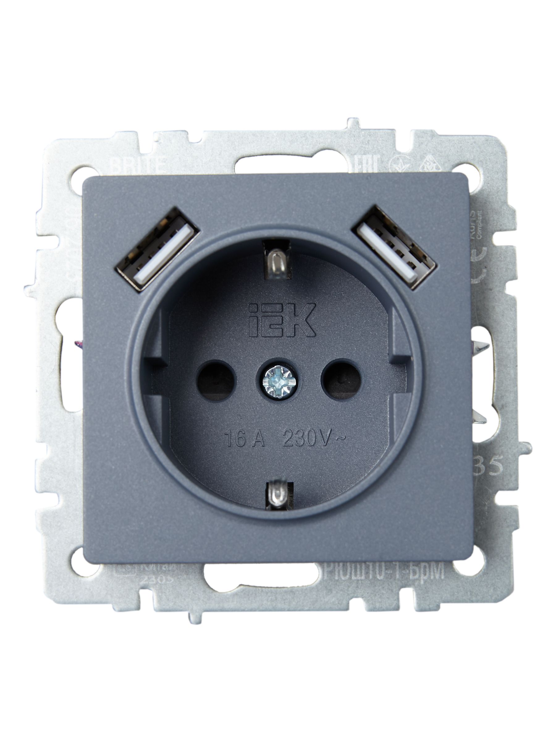 BRITE Розетка 1-местная с заземлением со шторками 16А с USB A+A 5В 2,1А РЮш10-1-БрМ маренго ИЭК