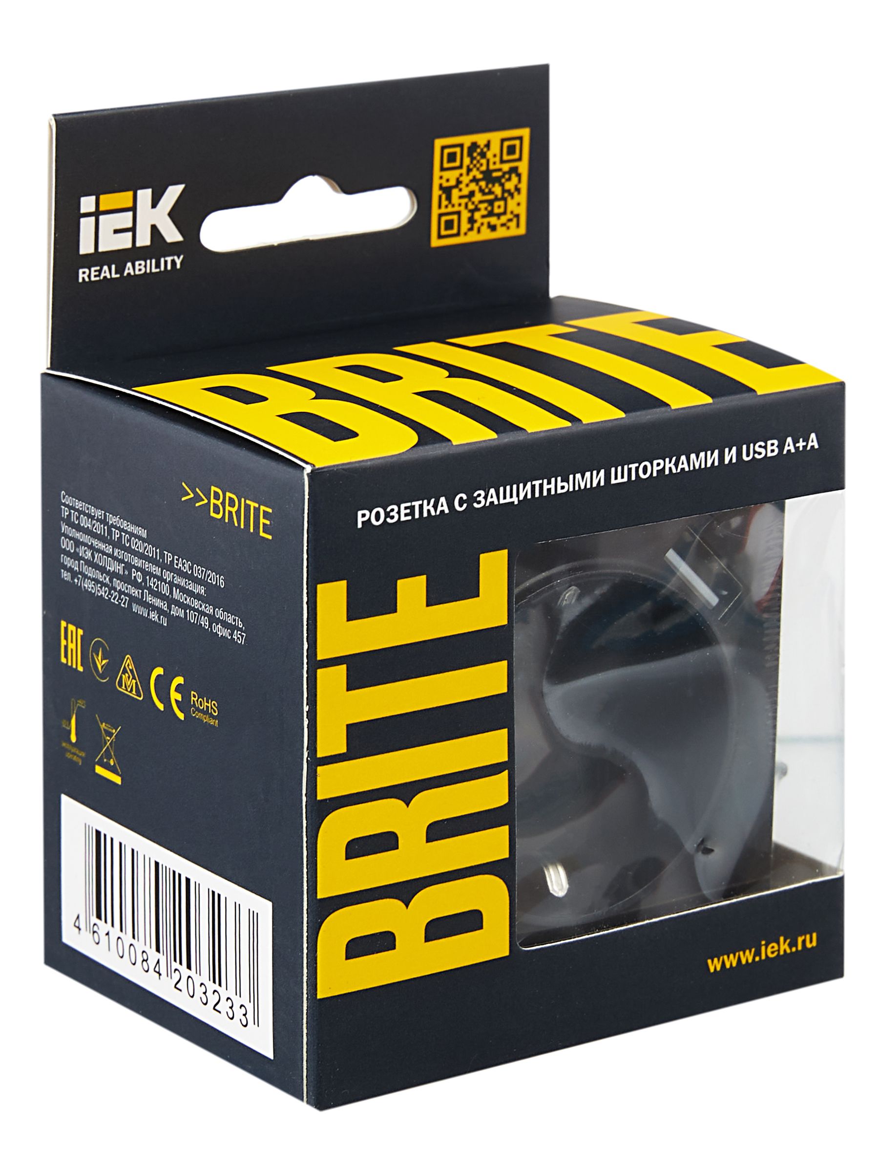 BRITE Розетка 1-местная с заземлением со шторками 16А с USB A+A 5В 2,1А РЮш10-1-БрЧ черный ИЭК