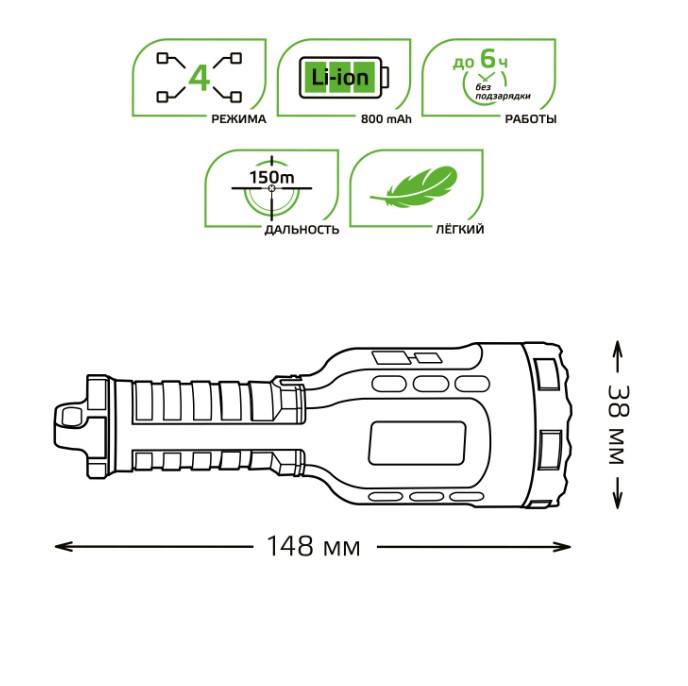 Фонарь ручной Gauss модель GFL208 8W 150lm Li-ion 800mAh LED 1/10/120