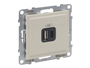 Зарядное устройство USB 2 выхода Тип А - Тип С SUNO, слоновая кость /721230/