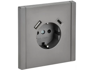 FORTE&PIANO Розетка 1-м с заземлением, шторками винтовое крепление 16А USB A+C 18Вт FP547 сталь ИЭК