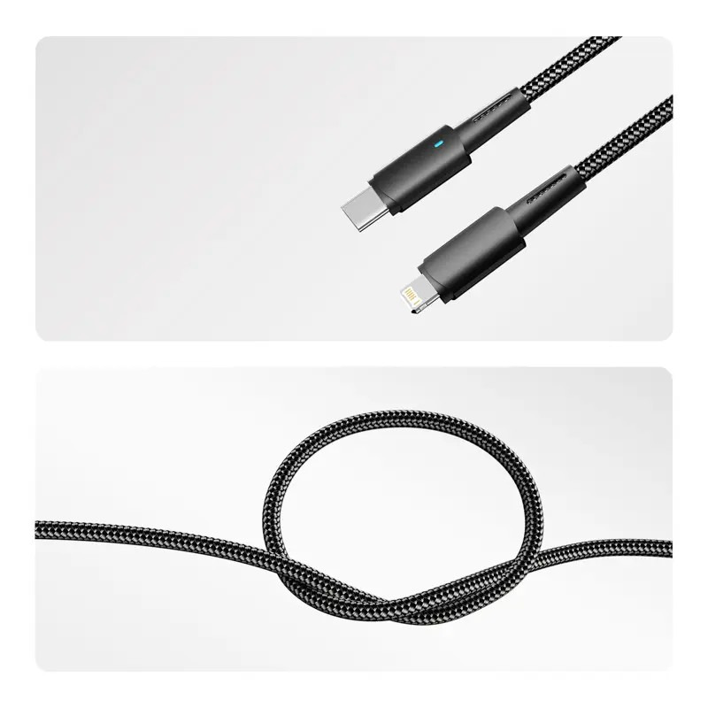 Кабель Type-C – Lightning 3А 1м в черной нейлоновой оплетке, со световой индикацией REXANT,18-7069