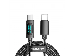 Кабель Type-C – Type-С, 5A, 100Вт, 1м, в черной нейлоновой оплетке, с LED дисплеем REXANT, 18-7074