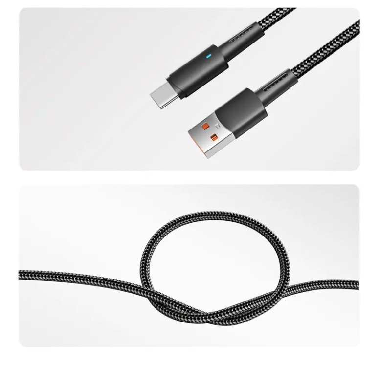 Кабель USB-A – Lightning 2,4А 1м в черной нейлоновой оплетке, со световой индикацией REXANT, 18-7058