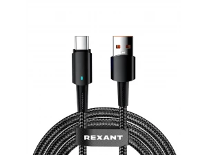 Кабель USB-A – Type-C 6А 66Вт 1м в черной нейлоновой оплетке, со световой индикацией REXANT, 18-7064