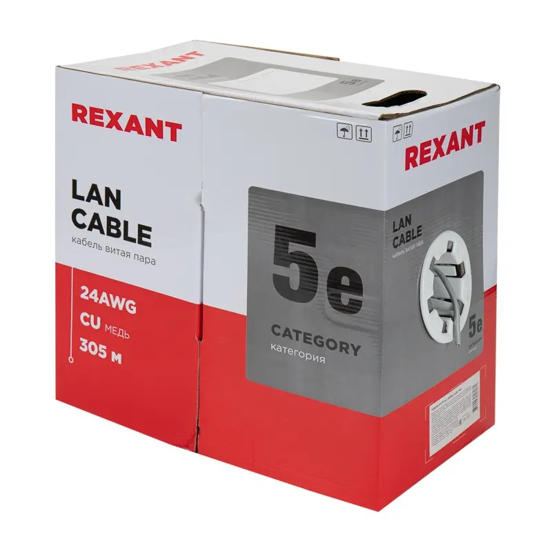 Кабель витая пара F/UTP, CAT 5e, PVC, 4PR, 24AWG, INDOOR, SOLID, серый REXANT