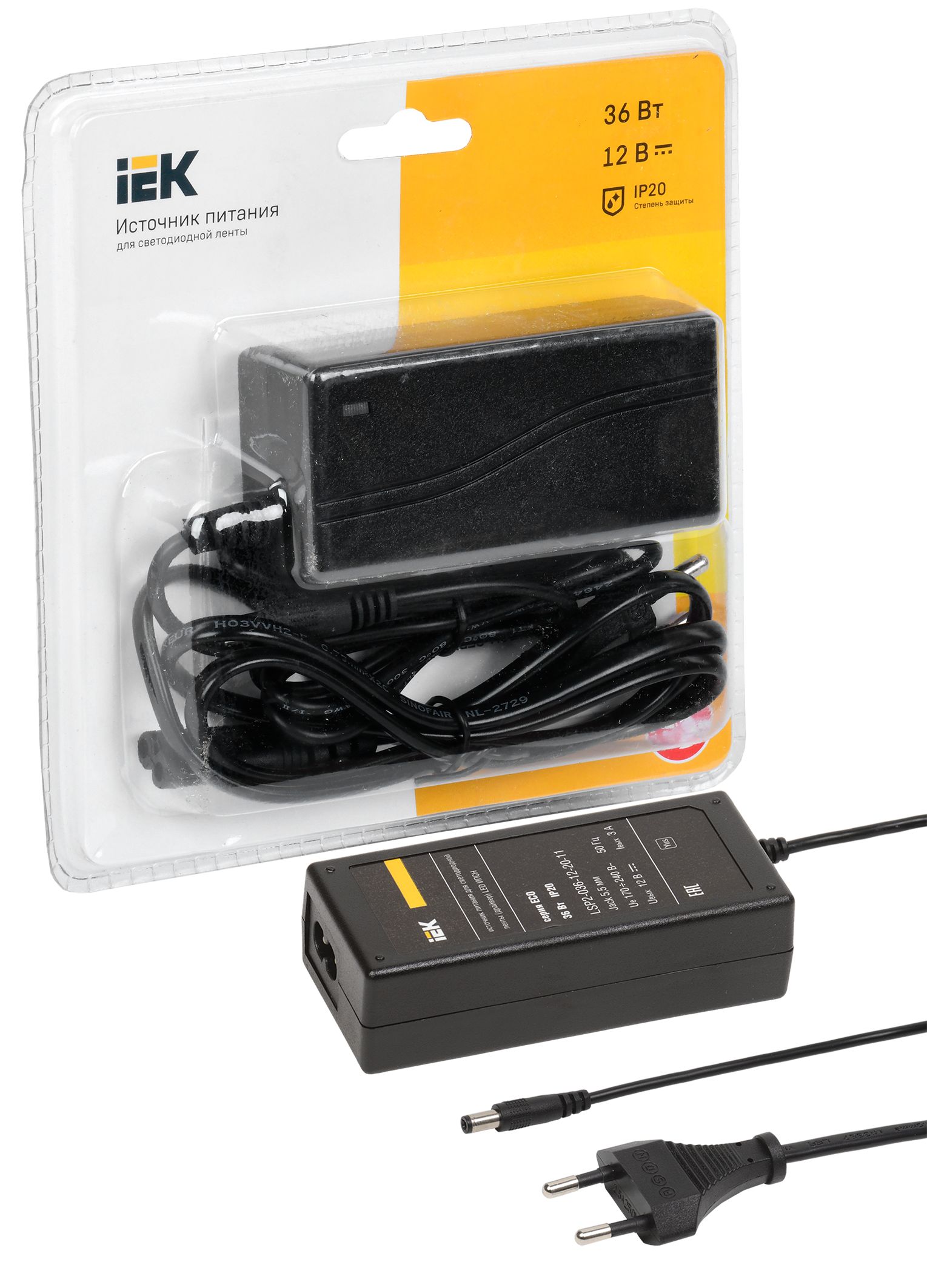 Драйвер LED ИПСН-ECO 36Вт 12В сетевая вилка-блок-Jack5,5 IP20 IEK