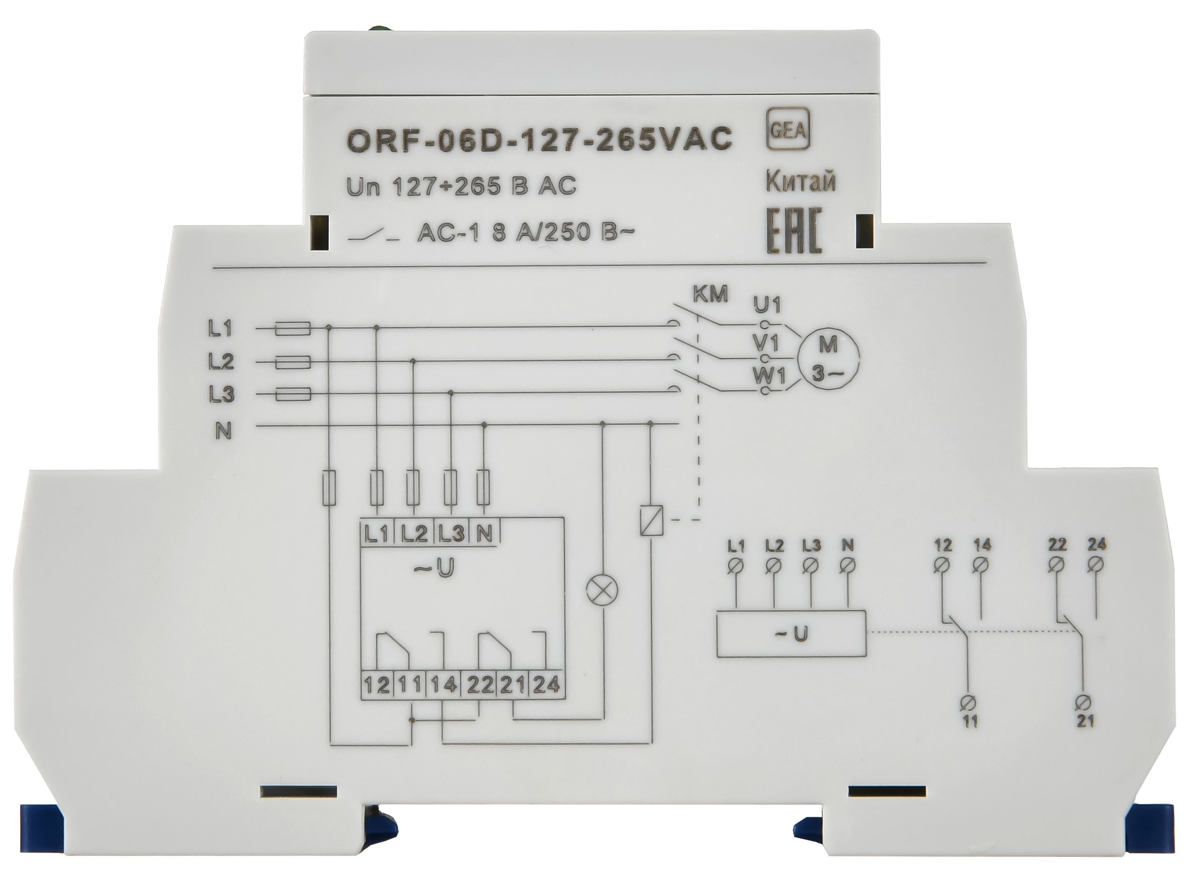 Реле контроля фаз ORF-06D 3 фазы 2 контакта 127-265В AC с контролем нейтрали ONI
